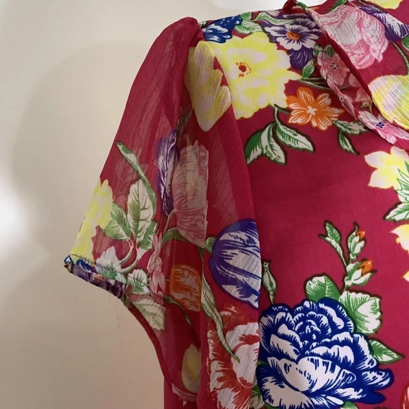 Elementz Pink Sheer Floral Top Women's Button Up Ruffles - Picture 6 of 11